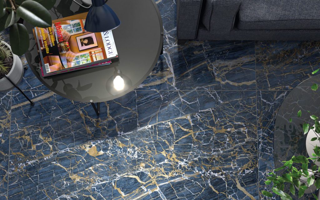 Blue Golden Marble-Effect Floor Tile